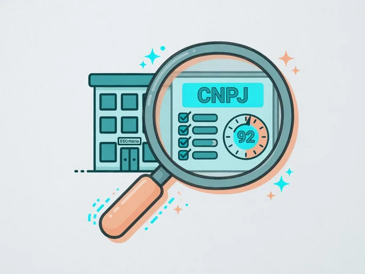 Ilustração: lupa sobre um prédio revelando painel CNPJ com score