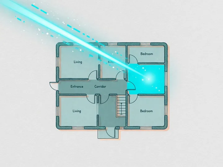 Ilustração: planta baixa varrida por um feixe que destaca uma sala