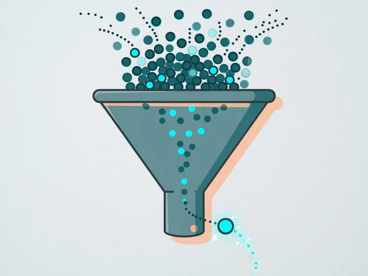 Ilustração: funil separando pontos — um lead qualificado sai embaixo