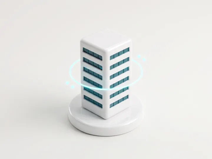 Ilustração: pequeno prédio branco sobre um disco, com um anel holográfico ciano ao redor