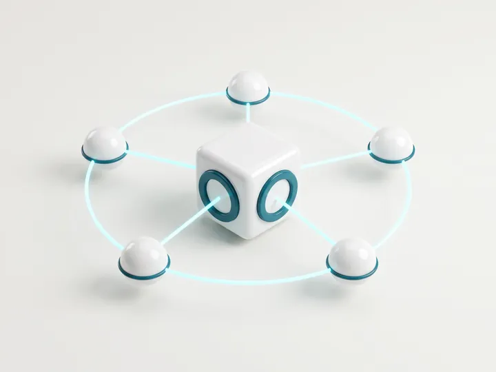 Ilustração: cubo branco central ligado por fios de luz ciano a cinco esferas em círculo