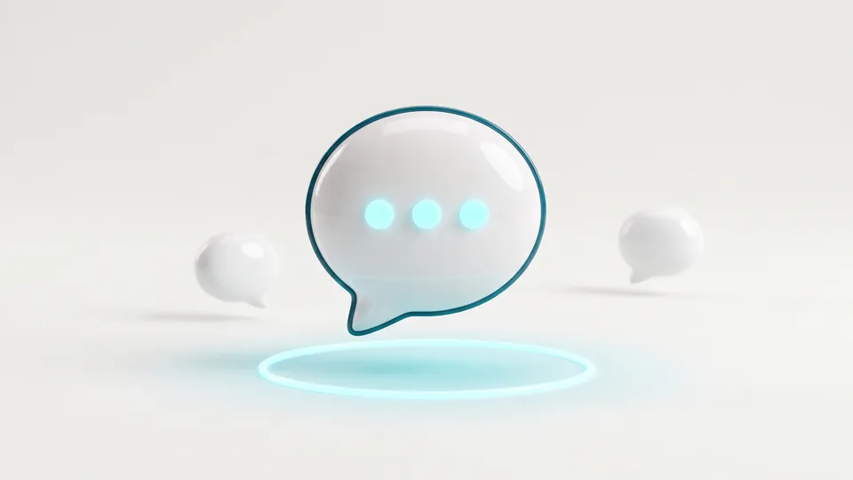 Ilustração da Sofia: balão de conversa branco com pontos de digitação em ciano acesos, flutuando sobre um anel de luz
