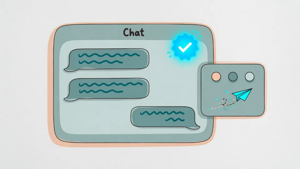 Ilustração da Sofia: janela de chat com selo de verificação e painel de status de leads